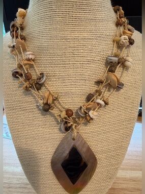Handcrafted Brown Shell Pendant Multi-Strand Necklace